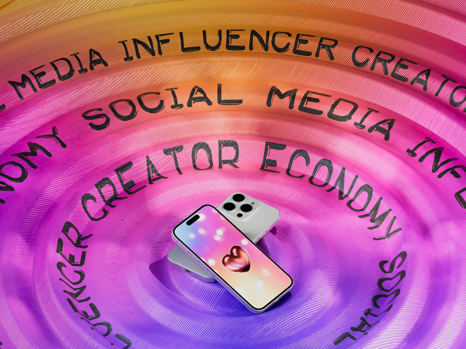 Smartphones surrounded by social media and creator economy terms
